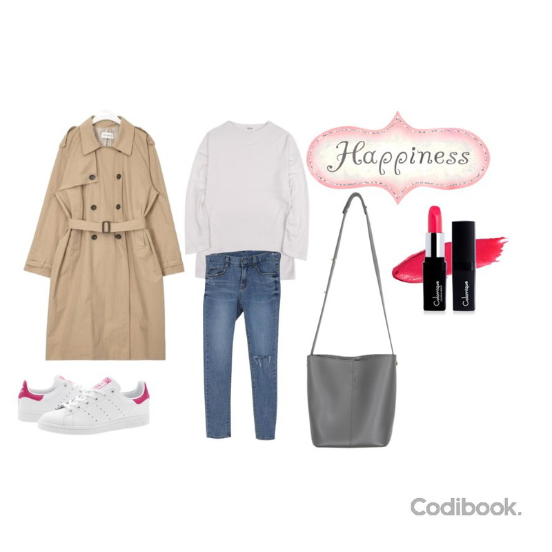 IHRER SHAPE Fresh Lips Round T-shirtWHITE,AIN FRESH MORE over trench coat ( BLACK ),Zemma World Ending-크롭팬츠등을 매치한 코디