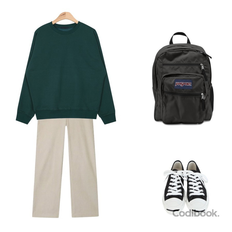 AIN napping loose-fit color mtm (9 colors),Dailyco 퍼셀단화,AIN semi boots cut corduroy pants (3 colors)등을 매치한 코디