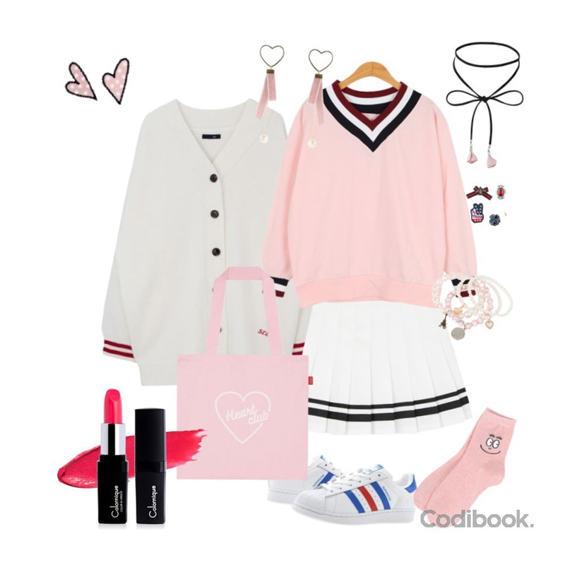 BULLANG GIRL 언발테잎테니스SK,BULLANG GIRL 삼색브이요꼬MTM,MIXXMIX SEEK Oversize Knit Cardigan Jacket등을 매치한 코디