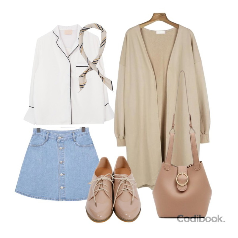 MIXXMIX 란니 파자마 블라우스,daily monday Cotton long cardigan,From Beginning Holy button denim skirt_K(size : S,M,L)등을 매치한 코디