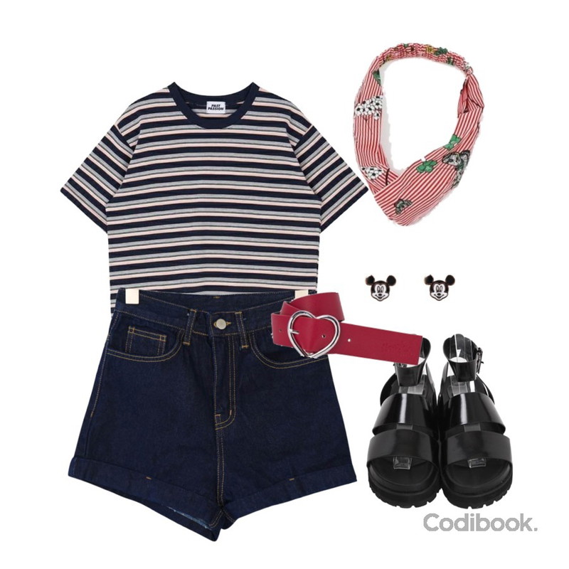 daily monday Flower stripe hair band레드 4월중순 입고예정,MIXXMIX 빈티지 스트라이프 티셔츠,From Beginning Martin chunky sandal_H (size : 225,230,235,240,245,250)등을 매치한 코디