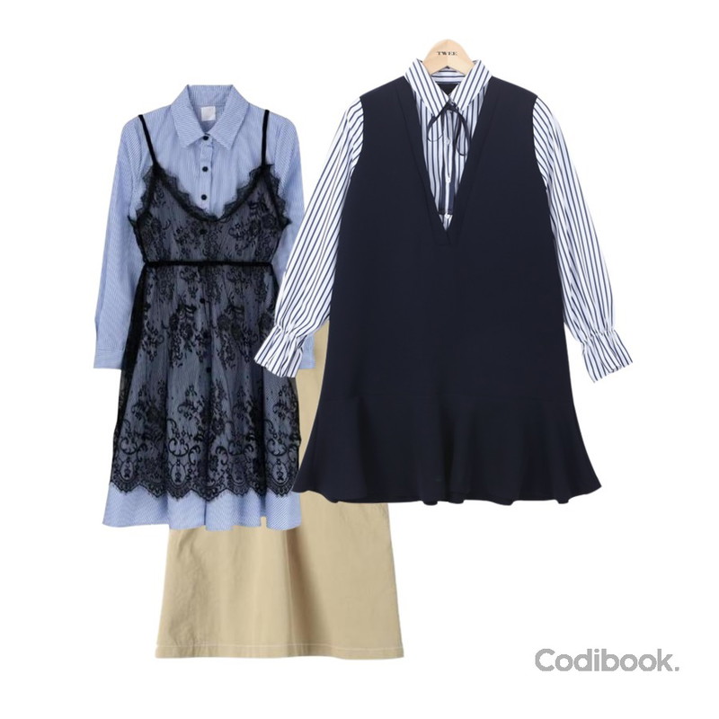 TWEE layered flare shirts onepiece,MIXXMIX 레이스 롱 원피스 세트,Reine 유리카 코튼 리본 원피스등을 매치한 코디