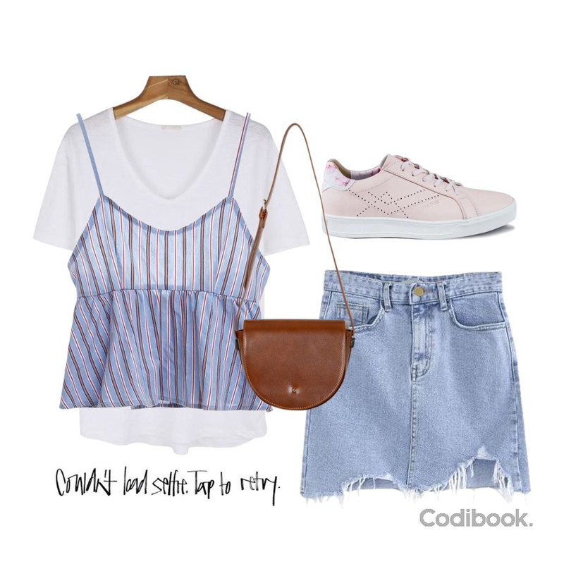 daily monday U-neck simple tee,LINDA GIRLS 커밋 데님 스커트 (1color),TWEE melody stripe bustier등을 매치한 코디