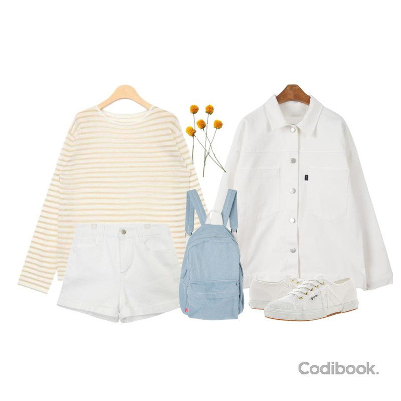 MINIBBONG 레이지 코튼자켓,AIN lucky stripe summer long T (5 colors),AIN roll-up detail basic short pants (2 colors)등을 매치한 코디