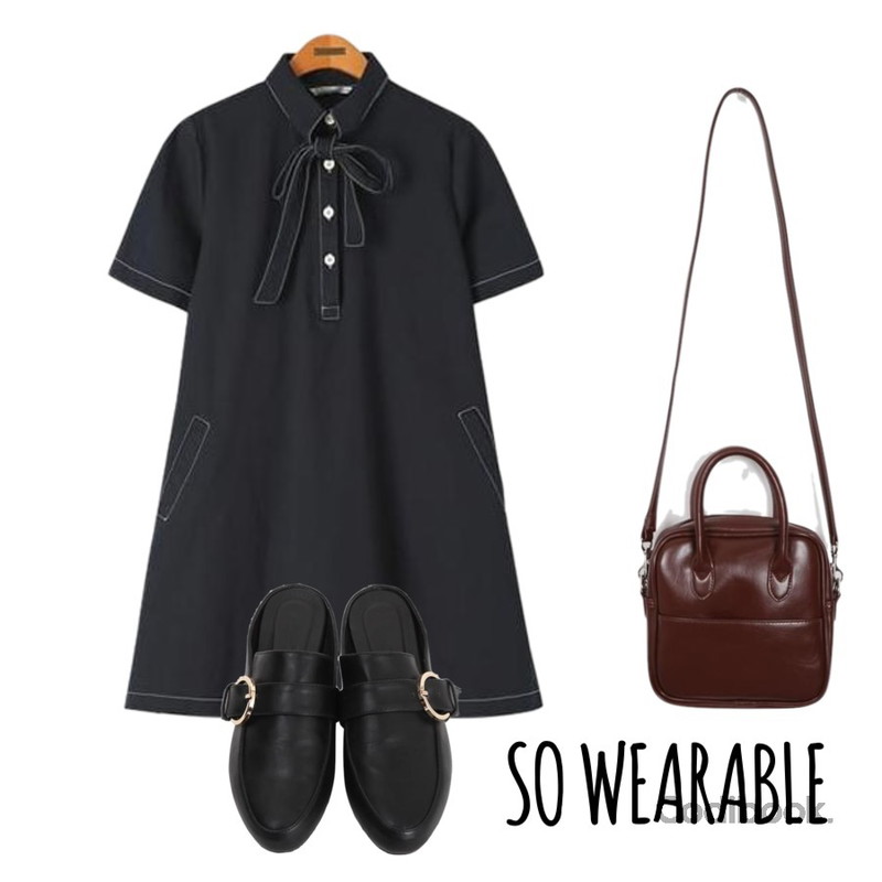 From Beginning State ring bloafer_H (size : 225,230,235,240,245,250),Reine 유리카 코튼 리본 원피스,From Beginning Chocolat mini bag_S (size : one)등을 매치한 코디