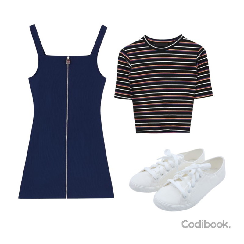 myblin 데일리 스니커즈,MIXXMIX 포컬 스트라이프 티셔츠,MIXXMIX HIDE Span Zipper Choker Dress등을 매치한 코디