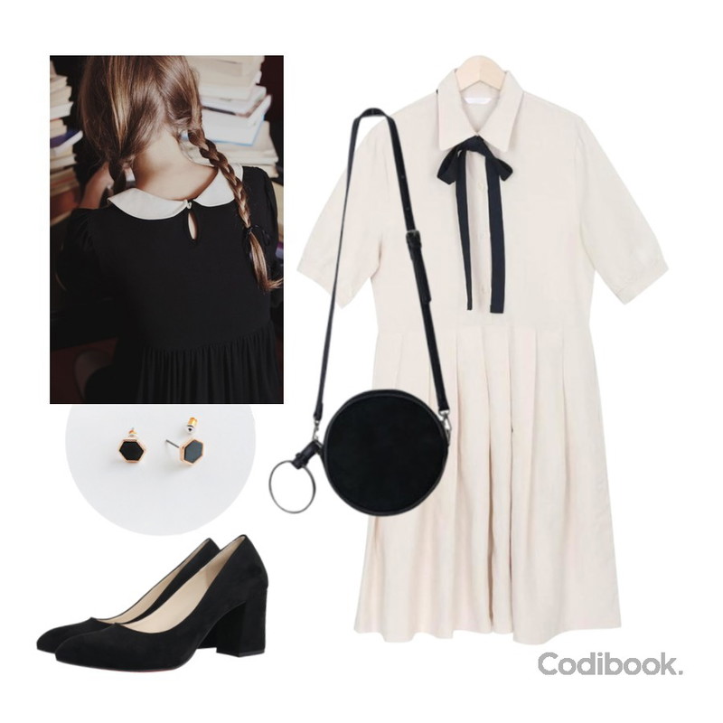 daily monday Clean 3shape earring set,Monobabie [RP1492M] 세이츠7cm                                                                    인조소가죽 / 에나멜 두가지타입★,myblin 린넨 플리츠 카라 원피스 (3color)등을 매치한 코디