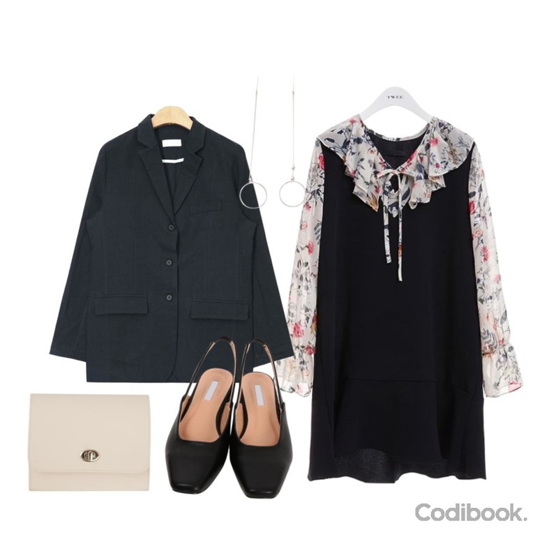 From Beginning (굽 7cm 추가)Foggy color slingback shoes_K(size : 230,235,240,245,250),TWEE Romantic flower onepiece,AIN twill linen boy fit jacket (2 colors)등을 매치한 코디