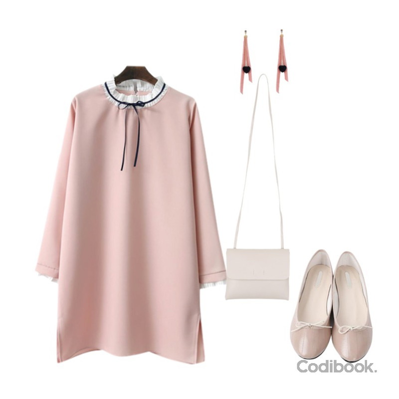 TWEE 벨벳리본하트 earring,LINDA GIRLS 아라리 리본 원피스 (3color),myblin 텍스쳐 리본 슈즈 (6color)등을 매치한 코디