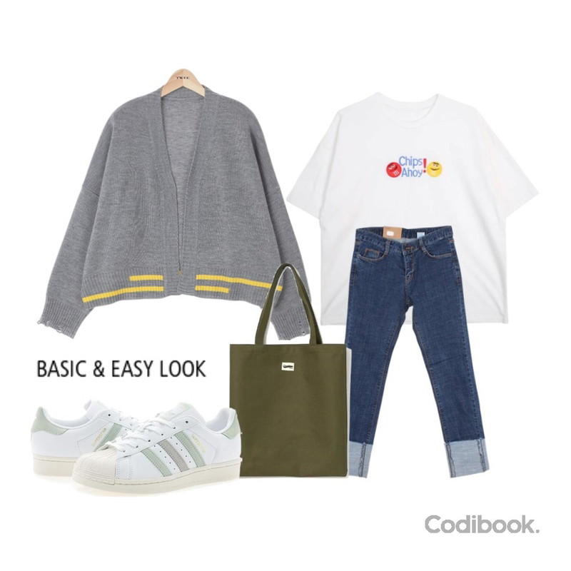 TWEE Line color loose-fit cardigan,GIRLS RULE 칩스 반팔티 (t2898),MESMIN 메디쉬 롤업 데님pt (2colors)등을 매치한 코디