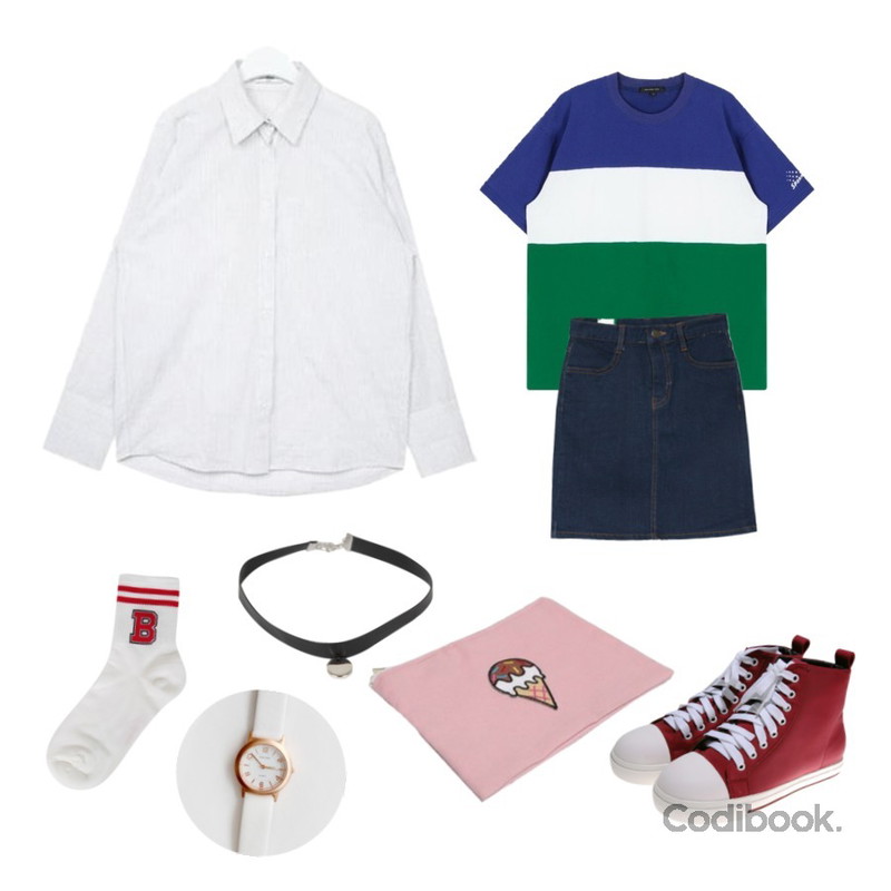 DORA 기모데님SK,MIXXMIX HIDE AND SEEK 16 SS ACider Sparkle Top,AIN FRESH A stripe shirts (2 colors)등을 매치한 코디