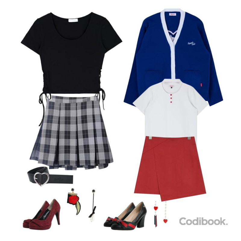 MIXXMIX 아일렛 크롭 티셔츠,MIXXMIX Heart Choker Neck Dress,MIXXMIX Heart Back Logo Cardigan등을 매치한 코디