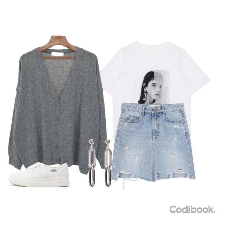 Zemma World Mayo-울가디건 (울80%),biznshoe Cut off denim skirt,biznshoe Modern printing tee등을 매치한 코디