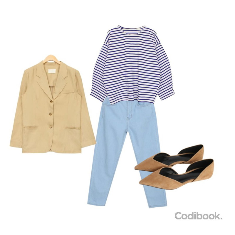 biznshoe Balloon stripe tee (2color),AIN standard mannish linen jacket (4 colors),myblin 배기 핏 데님 팬츠등을 매치한 코디
