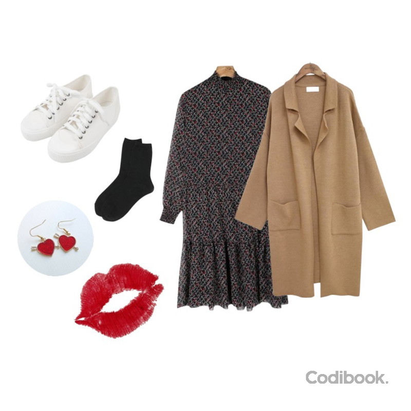 daily monday Daily half neck chiffon one-piece,MINIBBONG 윌슨 운동화,common unique [OUTER] KARA OPEN KINT COAT 등을 매치한 코디