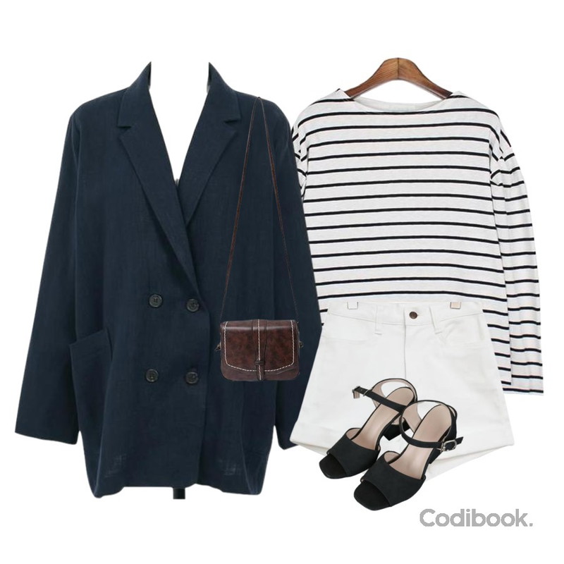 UPTOWN HOLIC 센틴 jk (*2color),common unique [BOTTOM] COTTON ROLL UP HIGH SHORTS,MESMIN 셔링 스트라이프 t (2colors)등을 매치한 코디
