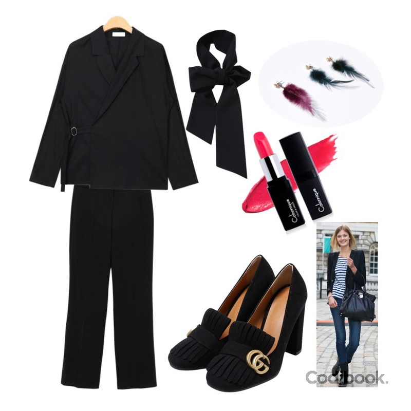From Beginning Made_bottom-081_loose long slacks (size : S,M,L),myblin 심플 롱 트윌리 스카프 (5color),AIN unique wrap design shirts (3 colors)등을 매치한 코디