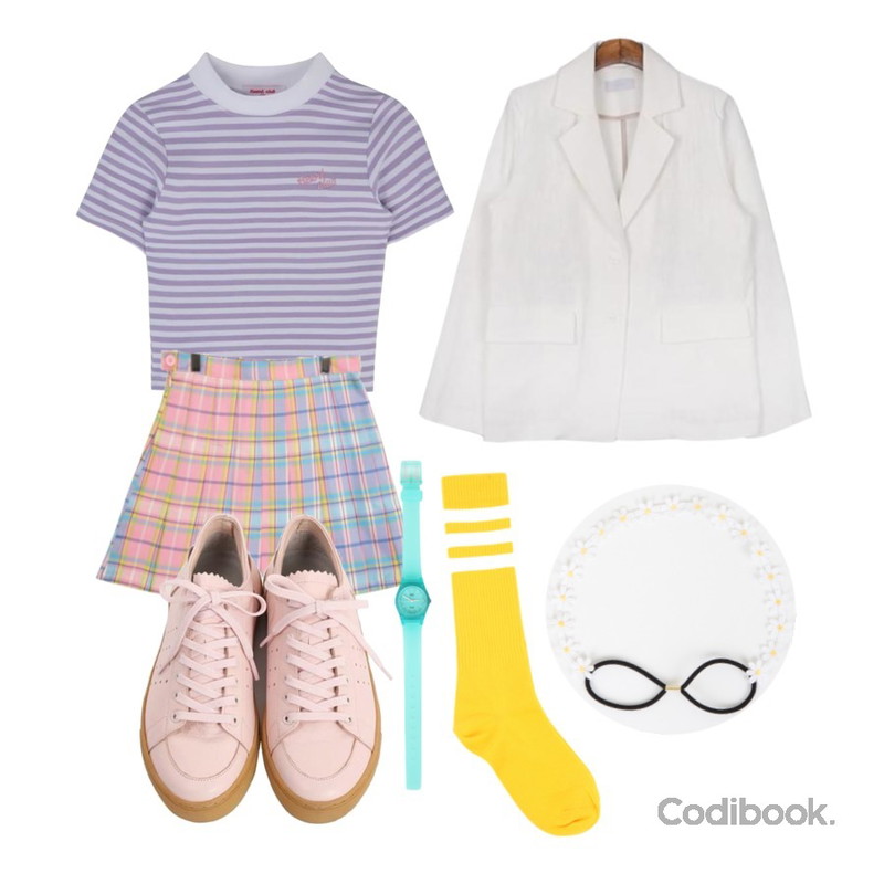GIRLS RULE 푸린 테니스 스커트 (sk608),MIXXMIX Heart Stripe High Neck Top,MESMIN 샬럿 린넨 jk (2color)등을 매치한 코디