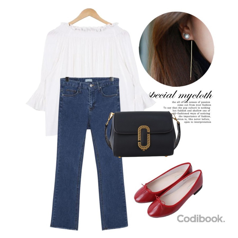 Untitled,daily monday Silver pearl drop earring(silver 925),biznshoe Off-shoulder blouse (2color)등을 매치한 코디