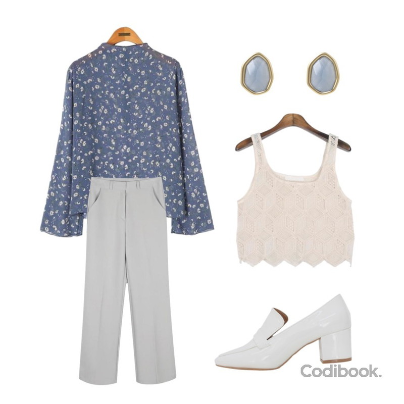 daily monday Soft line boots cut slacks,Reine 알리나 플라워 시스루 블라우스,MESMIN 다이아 뷔스티에 (2colors)등을 매치한 코디