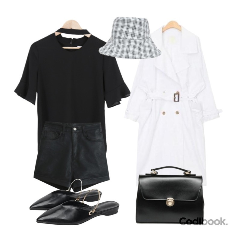 SOMEDAYS 초커 블라우스(2color),TODAY ME 이카 레더 팬츠,AIN side out pocket long trench coat (3 colors)등을 매치한 코디