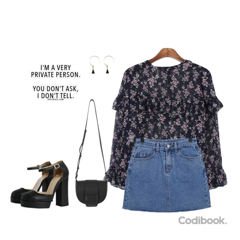 Monobabie [RP1575] 디에즈11.5cm,MESMIN 엠마 러플 bl (2colors),From Beginning Mark denim cutting skirt_B (size : S,M,L)등을 매치한 코디