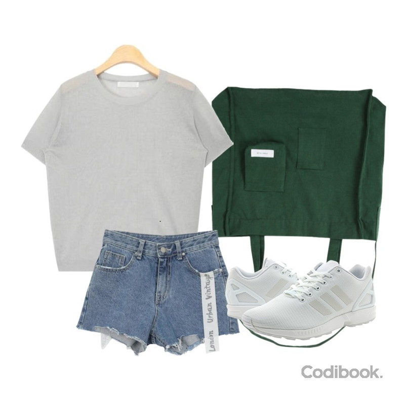 From Beginning Two pocket cotton eco bag_A  (size : one),AWAB 특별한라벨핫팬츠,AIN sophie see-through knit (7 colors)등을 매치한 코디