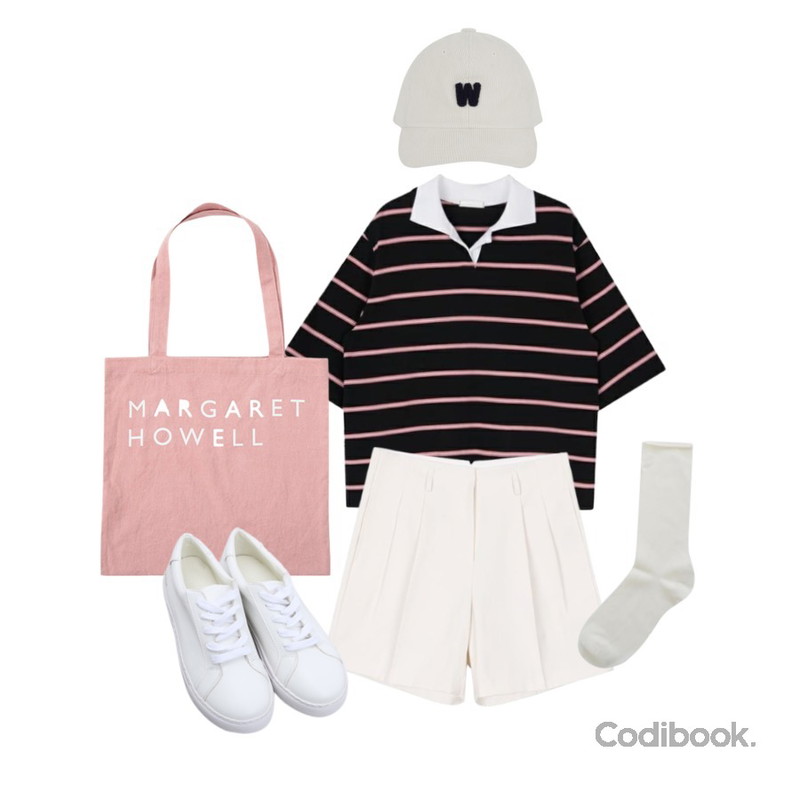 From Beginning Howell lettering eco bag_Y (size : one),MIXXMIX 앤 스트라이프 티셔츠,biznshoe Pintuck half pants (2color)등을 매치한 코디