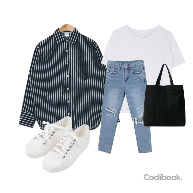 AIN navy stripe shirts,MIXXMIX 콜라보 기본 티셔츠,AWAB 바바당꼬구제팬츠등을 매치한 코디