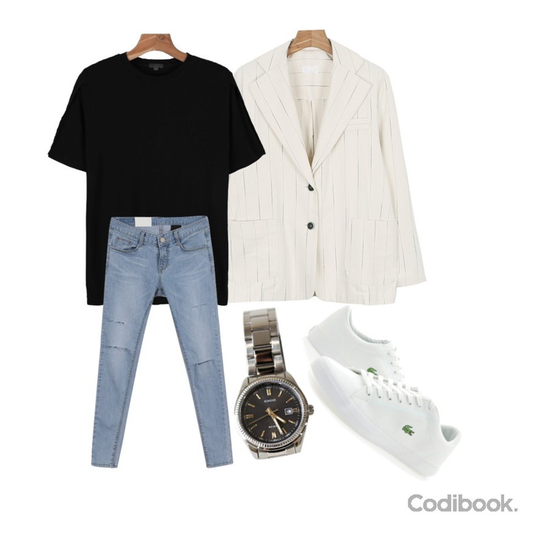 daily monday Cotton modern stripe jacket,MINIBBONG 폴리스-pt (160cm 9부스키니),daily monday Rayon sleeve slit tee등을 매치한 코디