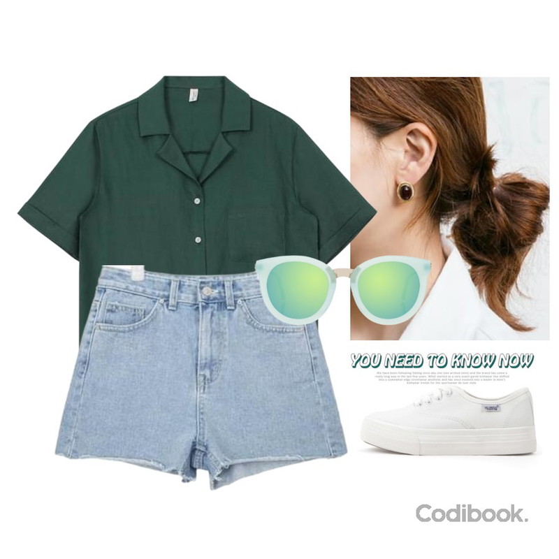 biznshoe Linen collar shirt (6color),From Beginning Ever stone vintage earring_M (size : one),AIN wearable A-line light short denim pants등을 매치한 코디