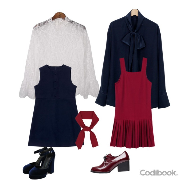 BANHALA 베베플리츠 원피스,From Beginning Carpet satin tie blouse_K(size : free),MESMIN 시스루 레이스 t (2colors)등을 매치한 코디
