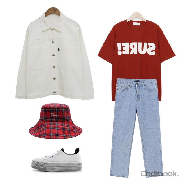 common unique [OUTER] BIG POCKET COTTON JACKET,KKUMISHU 천연소가죽 빈티지 키높이 스니커즈 (2color),MIXXMIX WIDE BUCKET HAT (RED CHECK)등을 매치한 코디