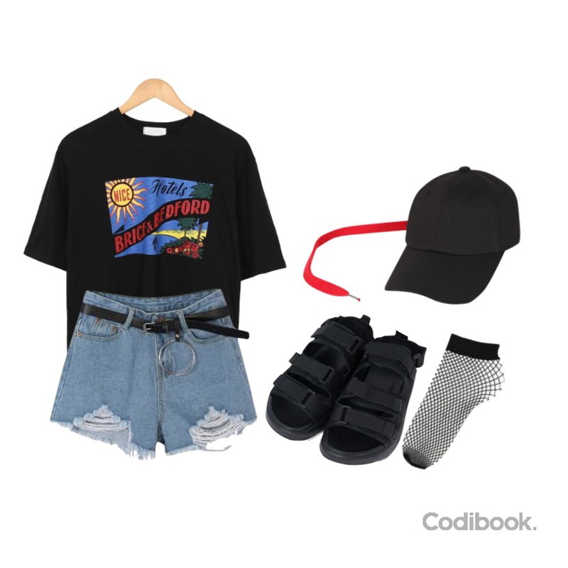 AIN mesh socks,AWAB 몰디슬라브루즈티,MIXXMIX 3010 세트 데님팬츠등을 매치한 코디