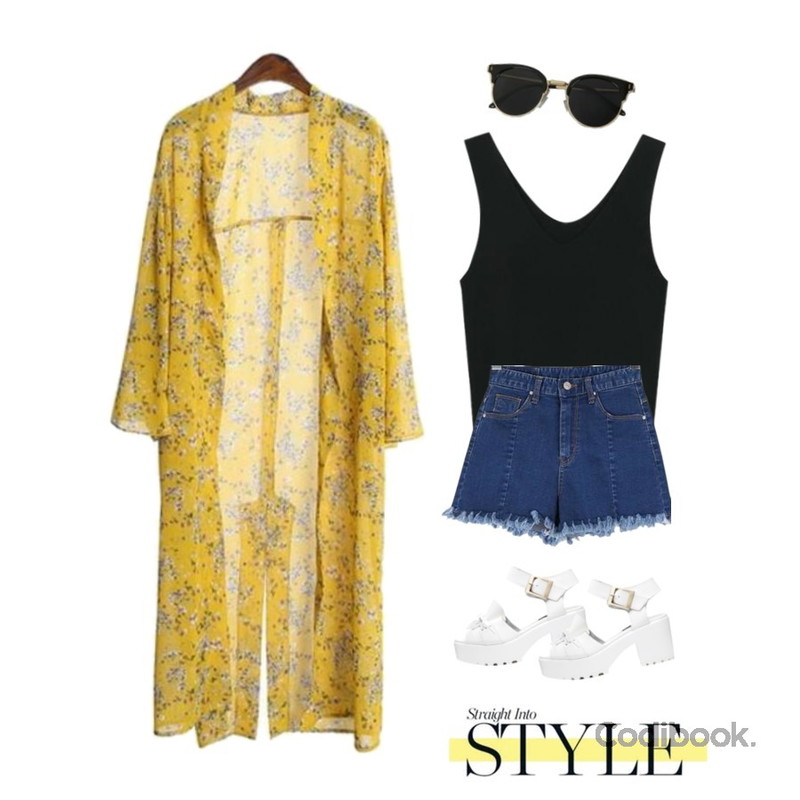 ROCOSIX flower robe,BULLANG GIRL 틱톡핀턱헤짐숏P,myblin 양 V넥 골지 나시 (5color)등을 매치한 코디
