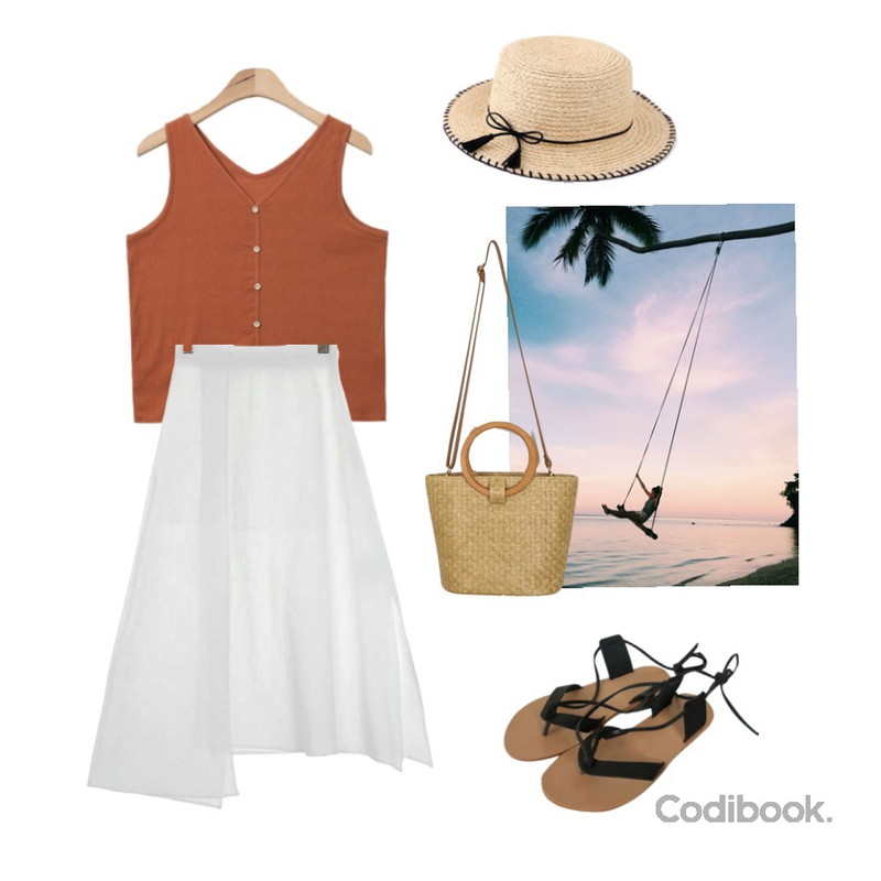 palmlife,AIN V-neck button cotton sleeveless (4 colors),UPTOWN HOLIC 히피온 sk (*3color)등을 매치한 코디