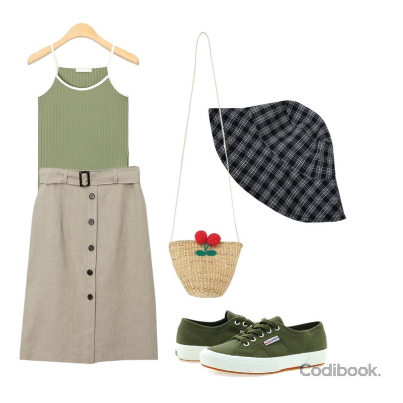 Player 수페르가 2750 클래식 밀리터리 그린 (2750-COTU CLASSIC MILITARY GRN),AIN color strap golgi sleeveless (3 colors),AWAB 오트밀린넨미디스커트등을 매치한 코디