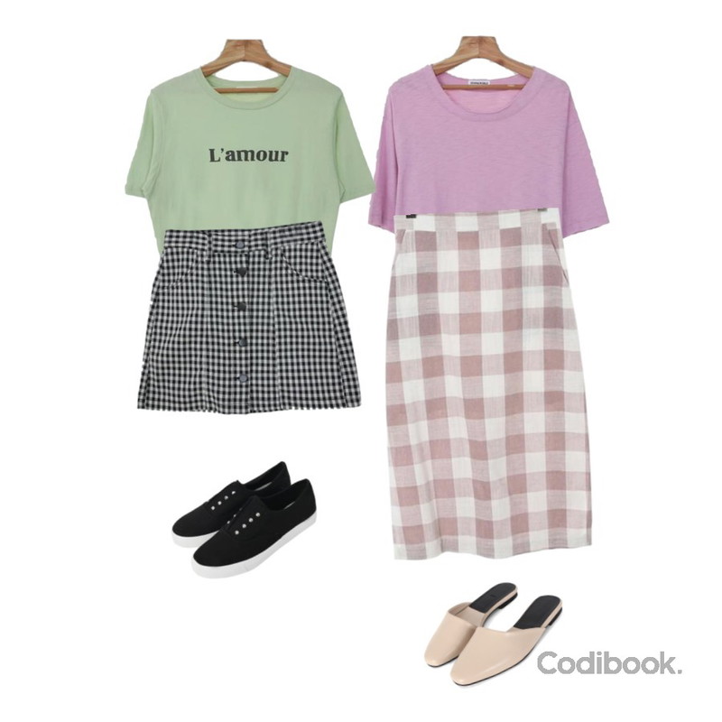 Zemma World Lamour-프린팅티셔츠[size:44~66 / 4color],Zemma World (ZEM.made) 데끼의비밀 (t)[size:44~통통66 / 4color],ROCOSIX linen check Hline skirt등을 매치한 코디