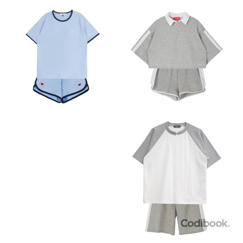 MIXXMIX Heart club 16SSHeart Mini Shorts(Sky blue),UPTOWN HOLIC 어뮤즈 pants (*2color),MIXXMIX 라인 트레이닝 숏팬츠등을 매치한 코디