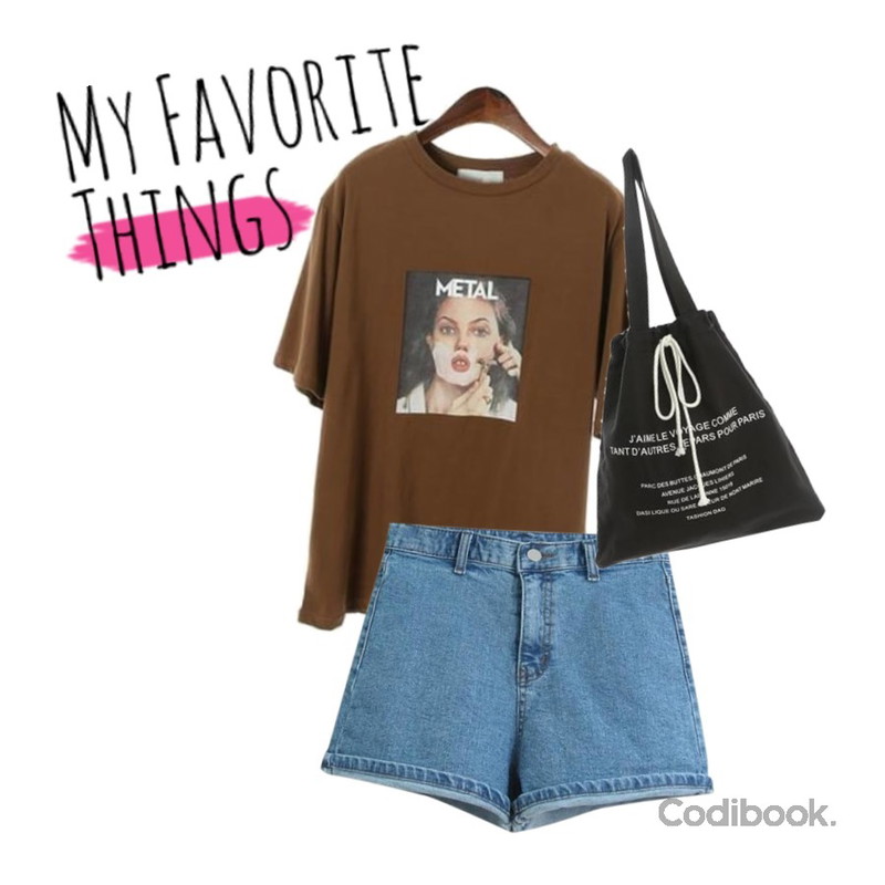 MFT,TODAY ME [short pants]데이커 데님 숏츠(하이웨스트 데님 롤업 반바지),ROCOSIX metal tee등을 매치한 코디