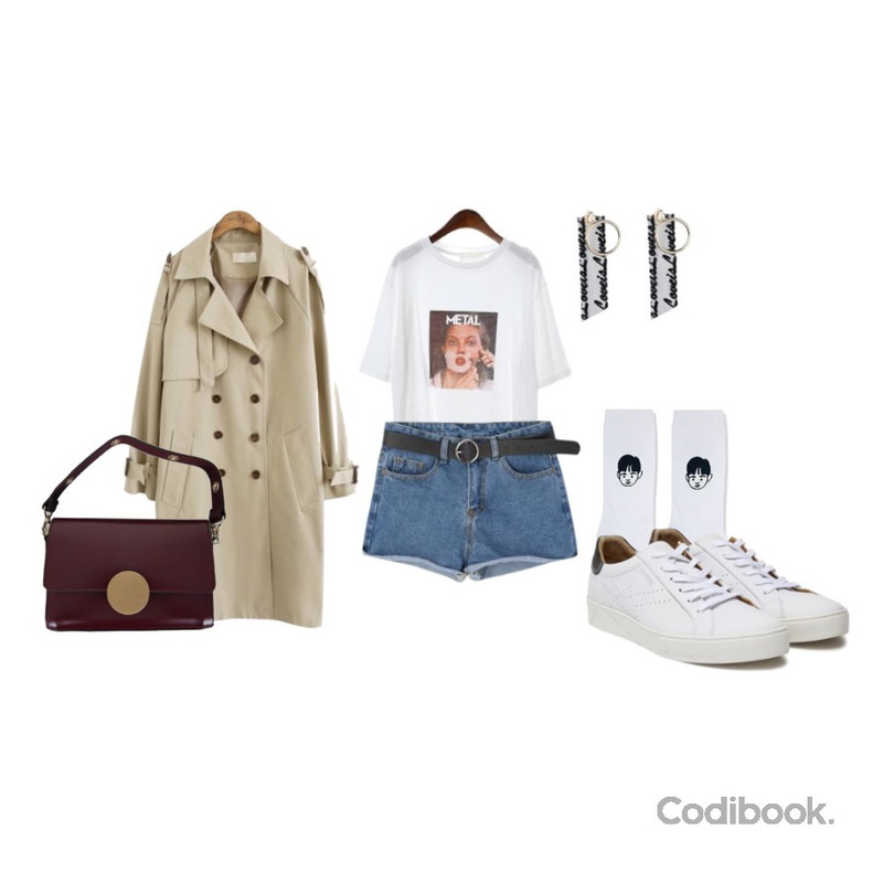 common unique [OUTER] DOUBLE BUTTUON BELT TRENCH COAT,MIXXMIX 포켓 로즈 팬츠,ROCOSIX metal tee등을 매치한 코디