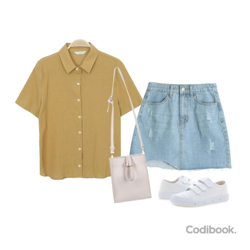 Player 스프링코트 GVS-1001-2 화이트 벨크로 (GVS-1001-2 WHITE),myblin 코튼 텍스쳐 반팔 셔츠 (5color),LOOK CHIC cut denim skirts (2 color)등을 매치한 코디