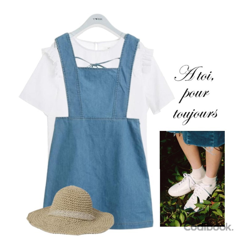 daily monday Simple base sneakers,TWEE Sweet blouse,TWEE Back ribbon denim onepiece등을 매치한 코디