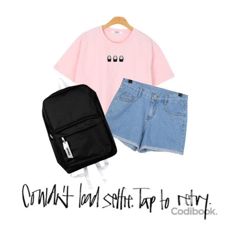 BULLANG GIRL 쓰리가오반팔T(아이/핑크 당일출고),BANHALA 롤리팝 백팩,From Beginning Turn-up denim shorts_S (size : S,M,L)등을 매치한 코디