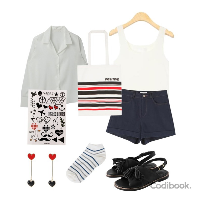 MIXXMIX 로이 카라 블라우스,AIN mild square neckline sleeveless (5 colors),Reine 클로징 젤라또 코튼 숏 팬츠등을 매치한 코디