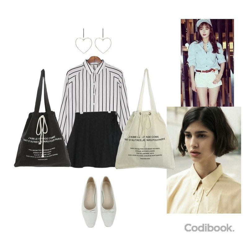 UPTOWN HOLIC 타멜리 shoes (*7color),MESMIN 리노 스트라이프 bl,AIN flare mini wrap skirt (2 colors)등을 매치한 코디