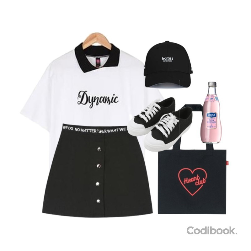 MIXXMIX Heart club 16SC Heart eco bag(Black),BULLANG GIRL 다이나믹카라박스T,MIXXMIX 레터링 포인트 스커트등을 매치한 코디