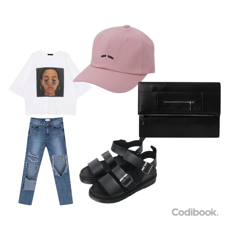 MIXXMIX 125 제이 데미지 팬츠,Monobabie [RS3870M] 케드닐3.5cm,biznshoe Sunglass boxy tee (2color)등을 매치한 코디