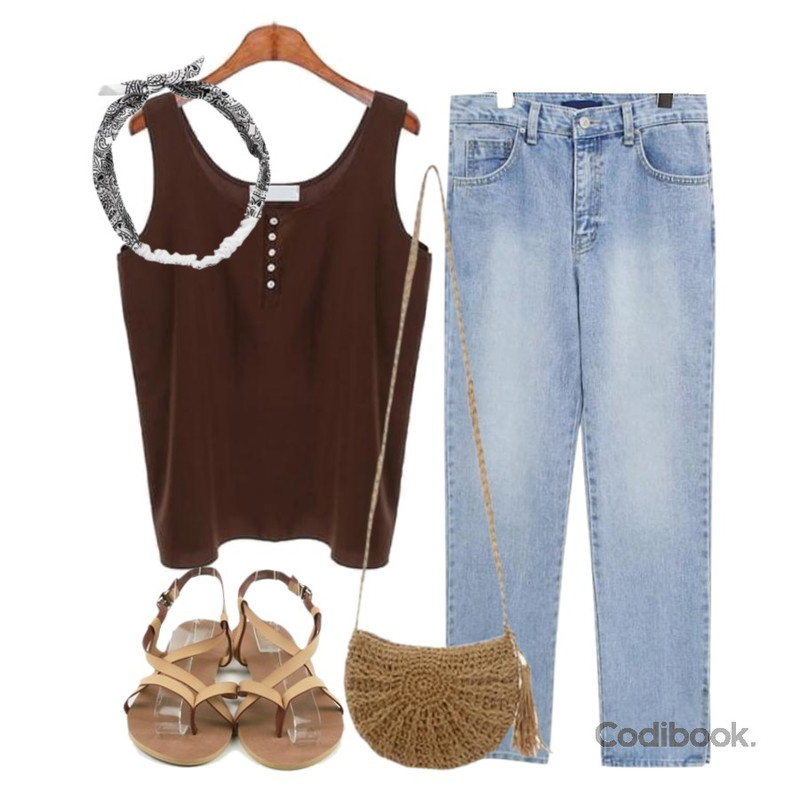 ROCOSIX reply bag,common unique [BOTTOM] SEMI WIDE SLIT DENIM PANTS,ROCOSIX basic Uneck sleeveless top등을 매치한 코디
