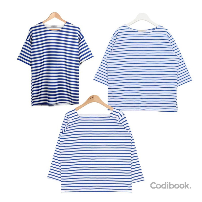 AIN square neck stripe T (3 colors),LINDA GIRLS (1+1)오래 스트라이프 티셔츠 (8color),AIN " FRESH A " stripe 7 T (4 colors)등을 매치한 코디